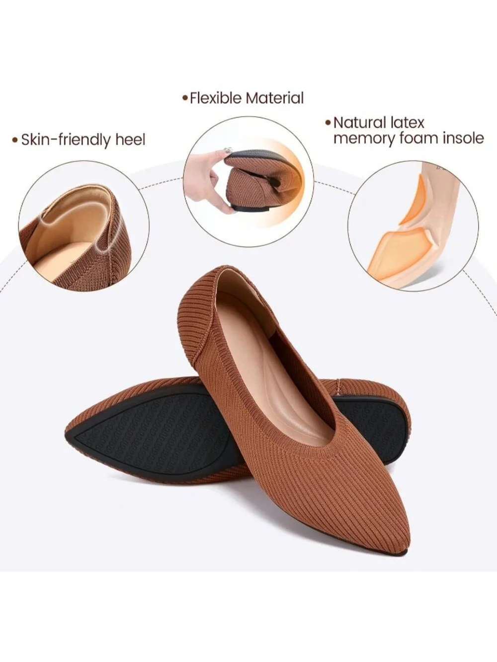Women's Brown Pointed Toe Comfort Foldable Slip On Dressy Knit Ballet Flat Shoes